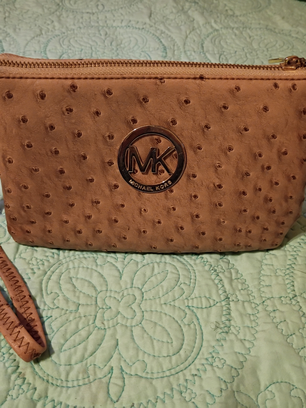 Michael Kors Taupe Ostrich-Embossed Leather Wallet with Gold Logo